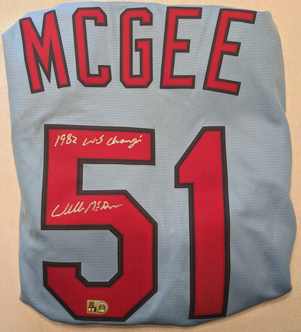 Willie McGee Autographed "1982 WS Champs" Blue Cardinals Replica Jersey