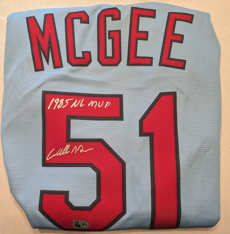 Willie McGee Autographed "1985 NL MVP" Blue Cardinals Replica Jersey