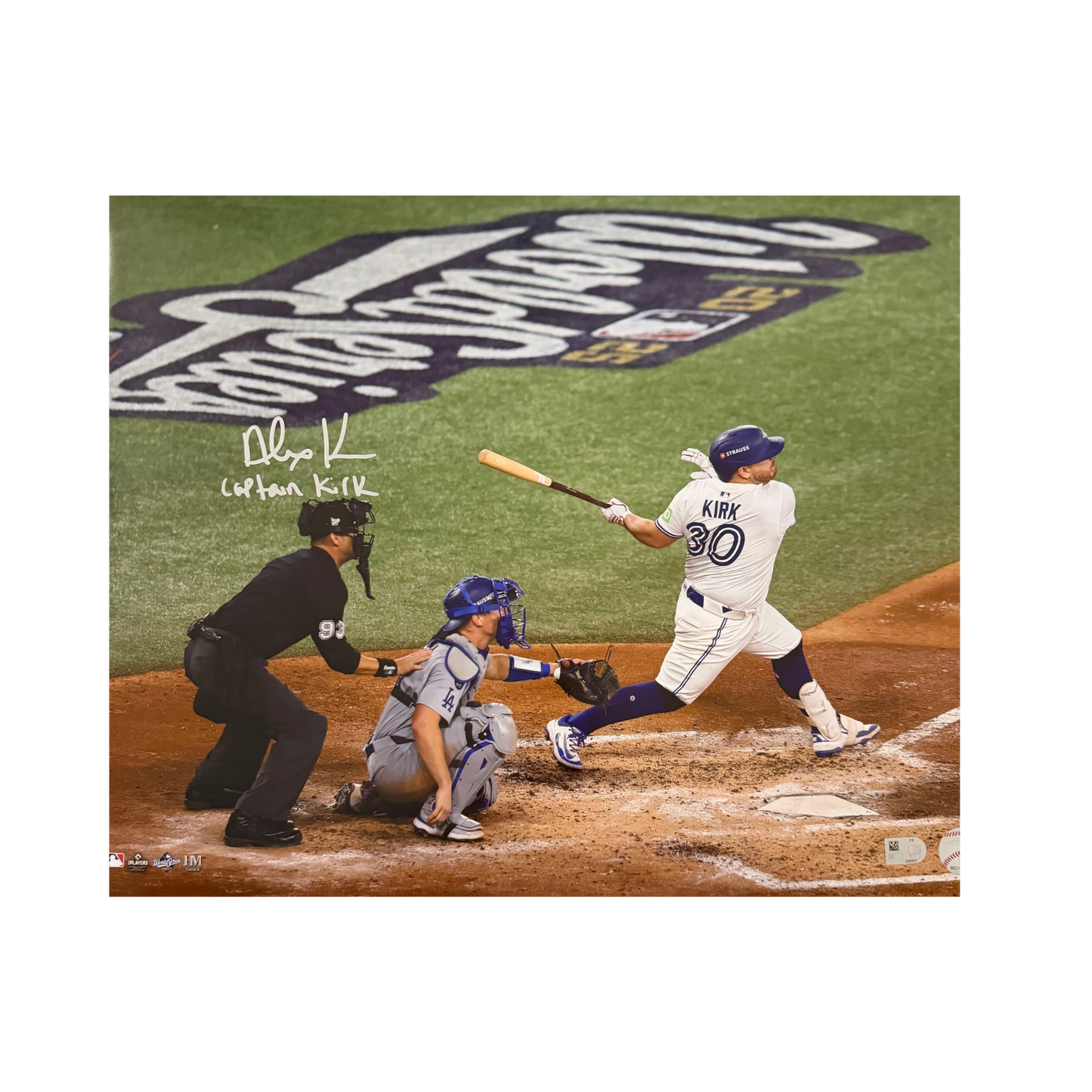 Alejandro Kirk Toronto Blue Jays Autographed "CAPTAIN KIRK" Batting 16x20 Photo