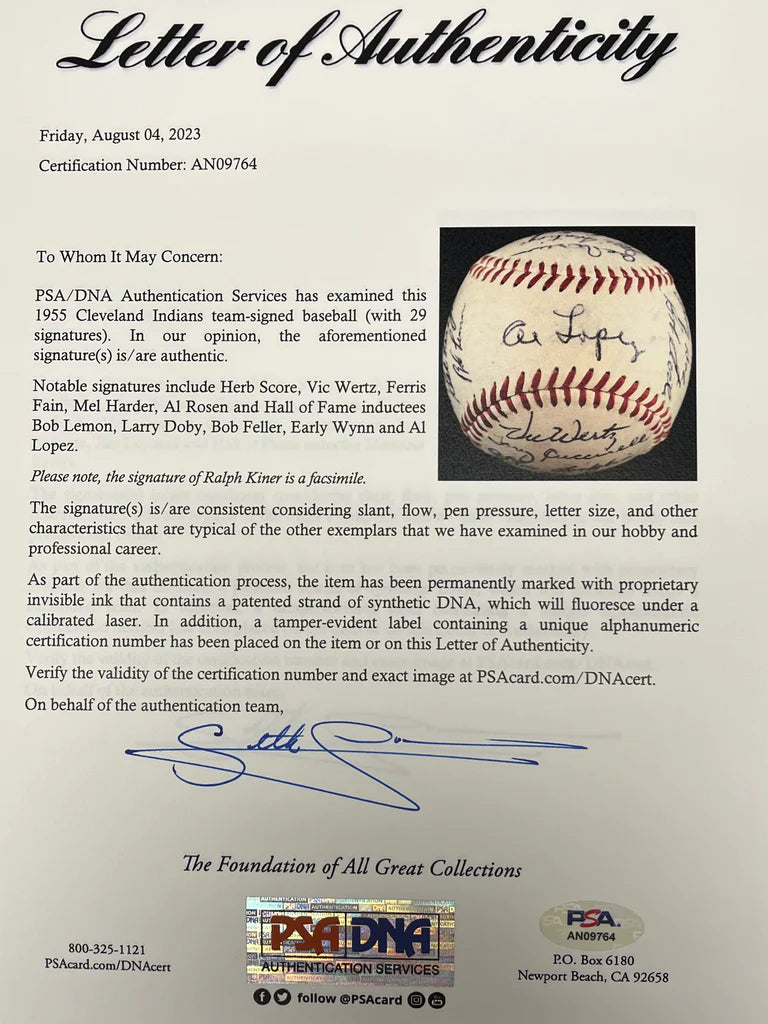 1955 Cleveland Indians Autographed Baseball - Player's Closet Project (PSA/DNA Authenticated)