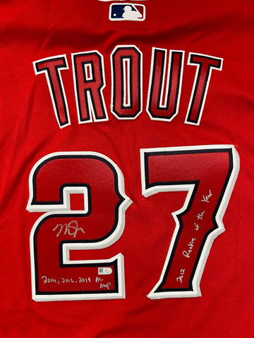 Mike Trout Autographed "2014, 2016, 2019 AL MVP / 2012 Rookie of the Year" Authentic Red Los Angeles Angels Jersey