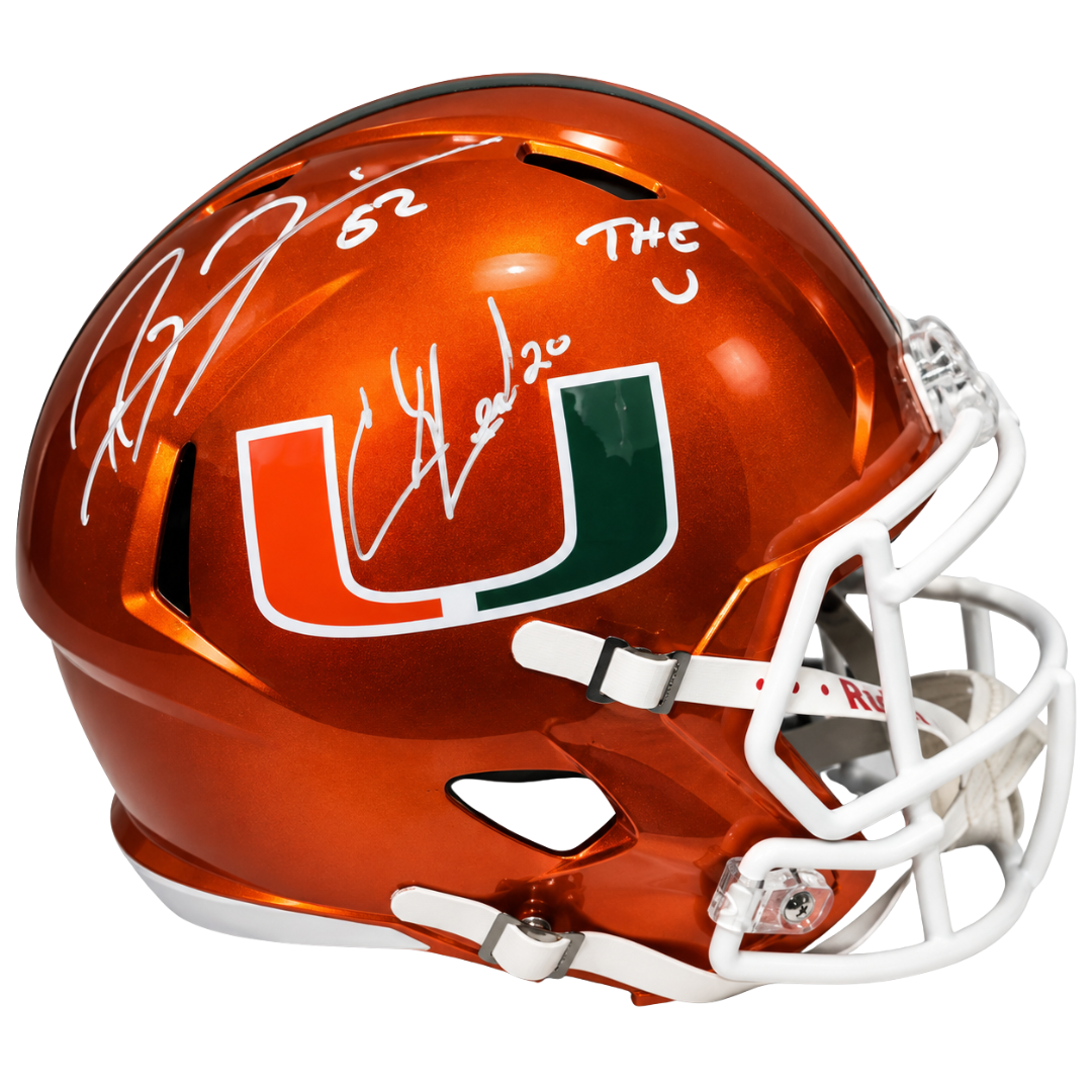Ed Reed & Ray Lewis Autographed Miami Hurricanes Flash Orange Full-Size Replica Helmet