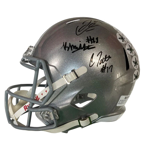 Carnell Tate, Brandon Inniss, Julian Fleming Triple Autographed Ohio State Silver Replica Football Helmet