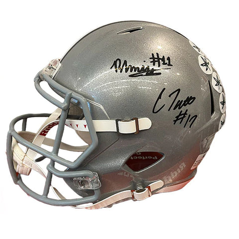 Carnell Tate & Brandon Inniss Dual Autographed Ohio State Silver Replica Football Helmet