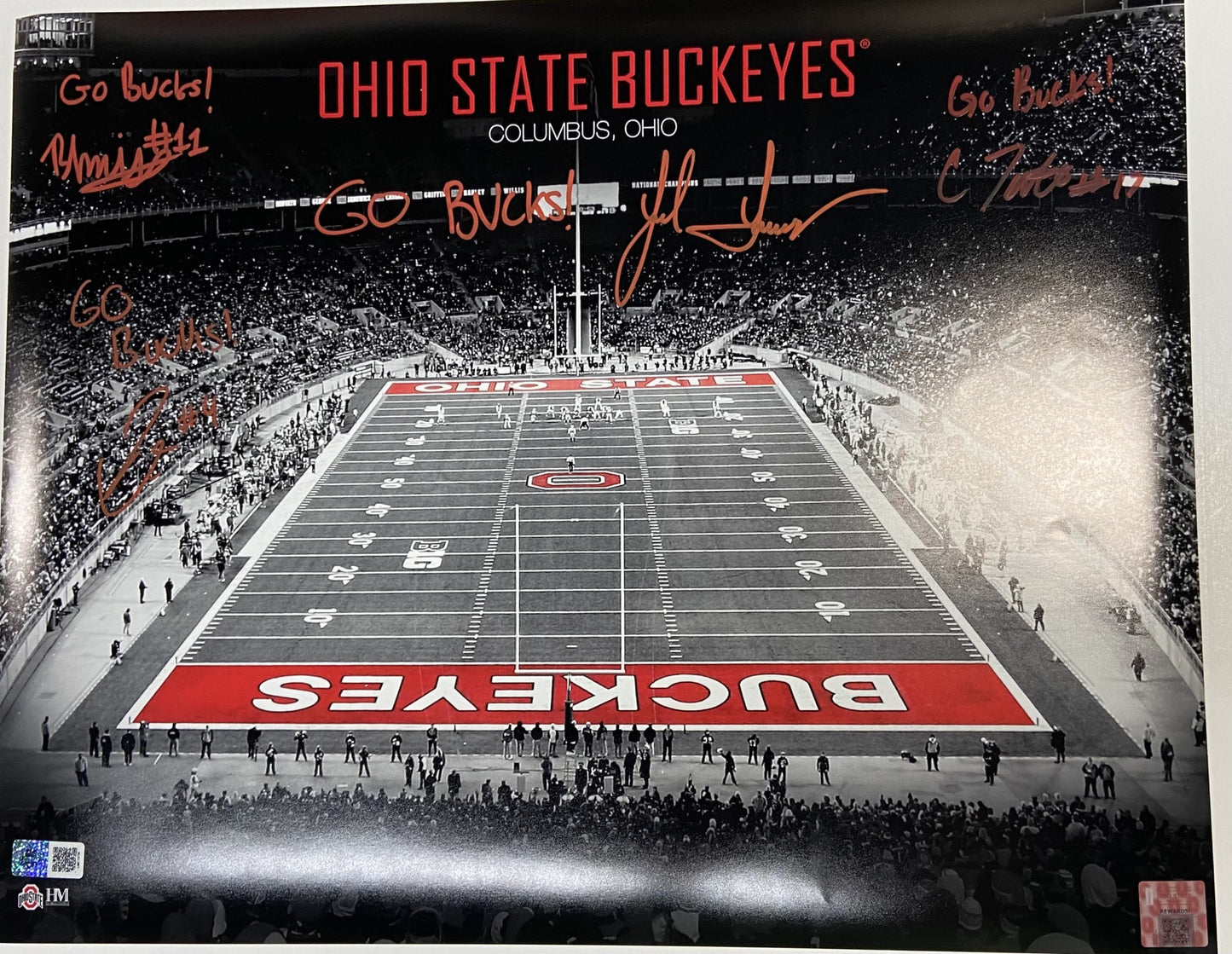 Jack Sawyer, Julian Fleming, Carnell Tate, Brandon Inniss Autographed "Go Bucks" 16X20 - B/W Ohio State Stadium