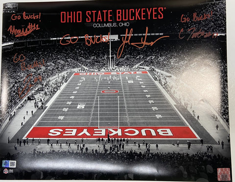 Jack Sawyer, Julian Fleming, Carnell Tate, Brandon Inniss Autographed "Go Bucks" 16X20 - B/W Ohio State Stadium