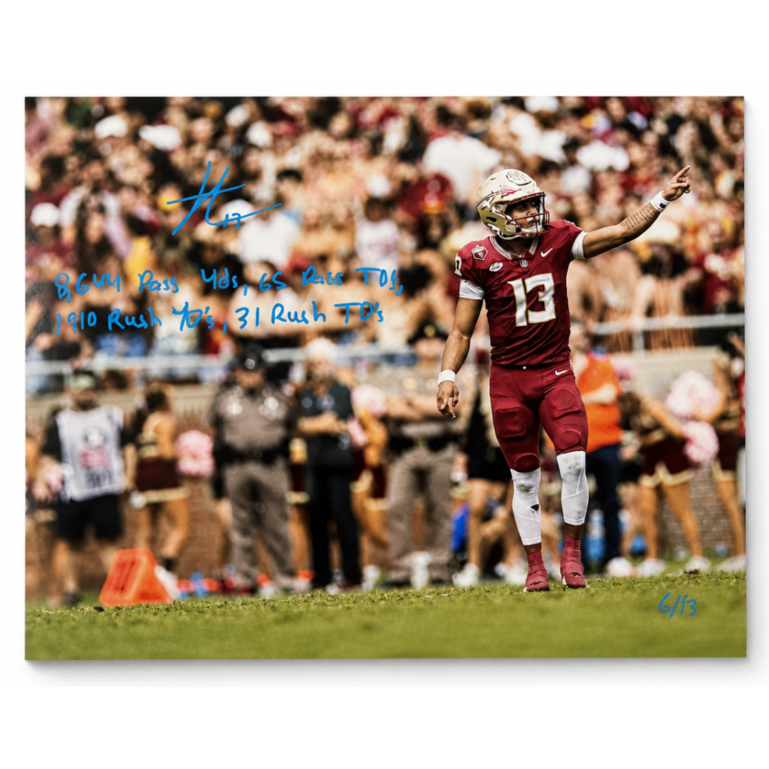 Jordan Travis Autographed "8,644 Pass Yds, 65 Pass TD's, 1,910 Rush Yds, 31 Rush TD's  (LE / 13)" 16x20 Photo