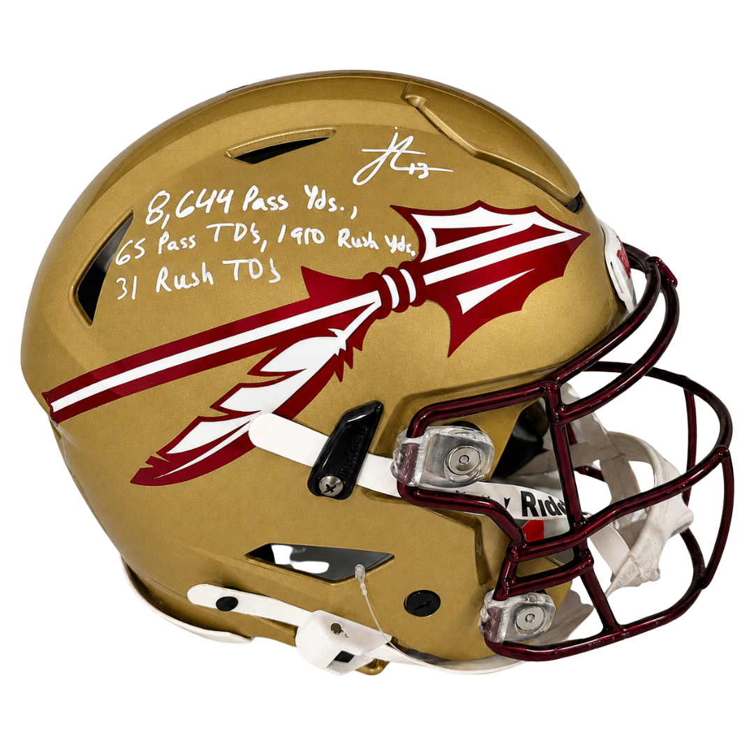 Jordan Travis Autographed "8,644 Passing Yard, 65 Passing TD's, 1,910 Rushing Yards, 31 Rushing TD's" Florida State Full Size Speed Flex Helmet