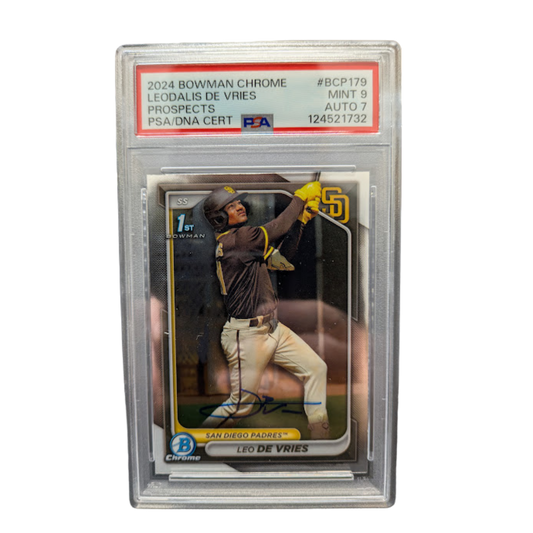 Leo De Vries Autographed 2024 1st Bowman Chrome Rookie Card PSA Graded MINT 9 AUTO 7