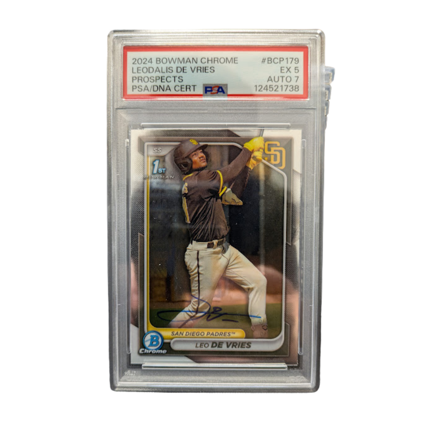 Leo De Vries Autographed 2024 1st Bowman Chrome Rookie Card PSA Graded EX 5 AUTO 7