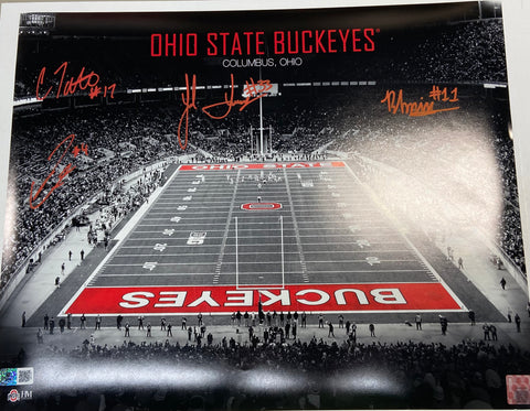 Jack Sawyer, Julian Fleming, Carnell Tate, Brandon Inniss Autographed 16X20 - B/W Ohio State Stadium
