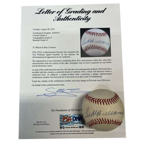 Ted Williams Autographed Baseball PSA Grade 8 - Player's Closet Project