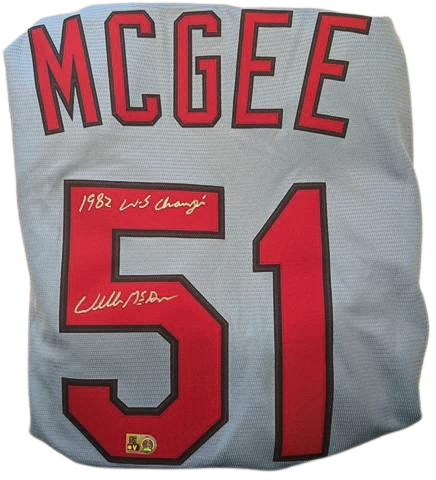 Willie McGee Autographed "1982 WS Champs" Blue Cardinals Replica Jersey