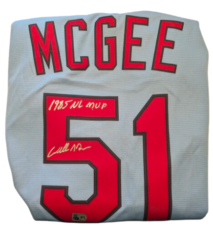 Willie McGee Autographed "1985 NL MVP" Blue Cardinals Replica Jersey