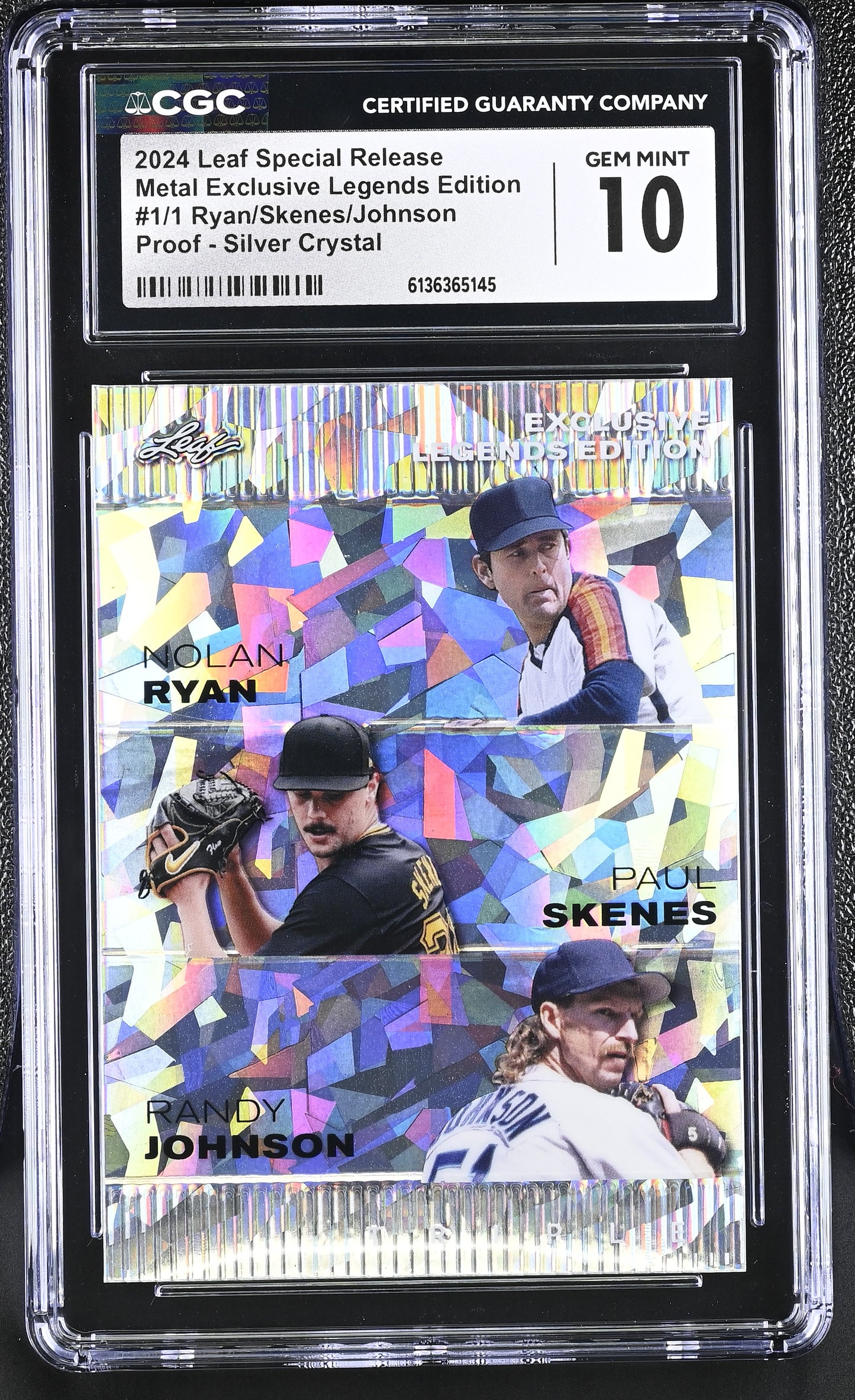 Nolan Ryan / Paul Skenes / Randy Johnson 2024 Leaf Special Release Metal Exclusive Legends Edition Proof Silver Crystal #1/1 Trading Card (CGC 10)